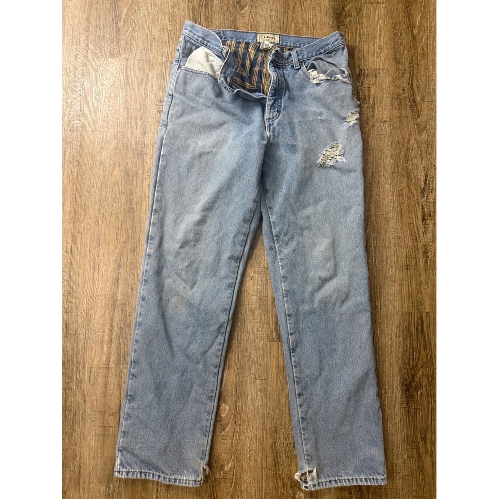 LL Bean Classic Fit Flannel Lined Jeans 33x32 Light Wash Distressed 100220
